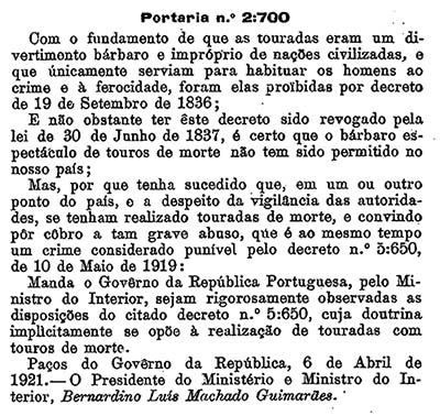 Portaria 1921 - touros de morte