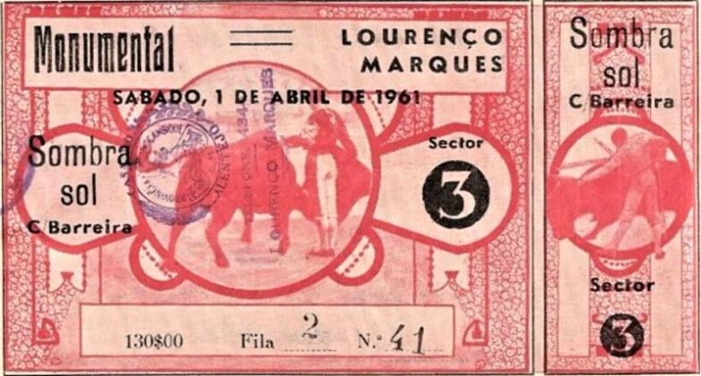 Bilhete para tourada em Moçambique no ano de 1961.
