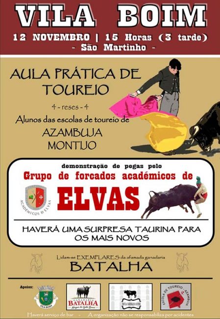 Cartaz de aula prática de toureio em Vila Boim (Elvas).