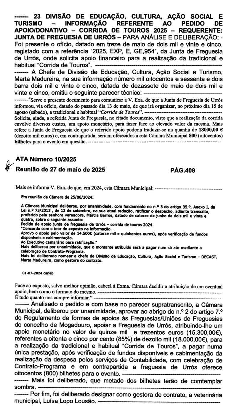 Ata da reunião de Câmara de Mogadouro do dia 27 de maio de 2025.